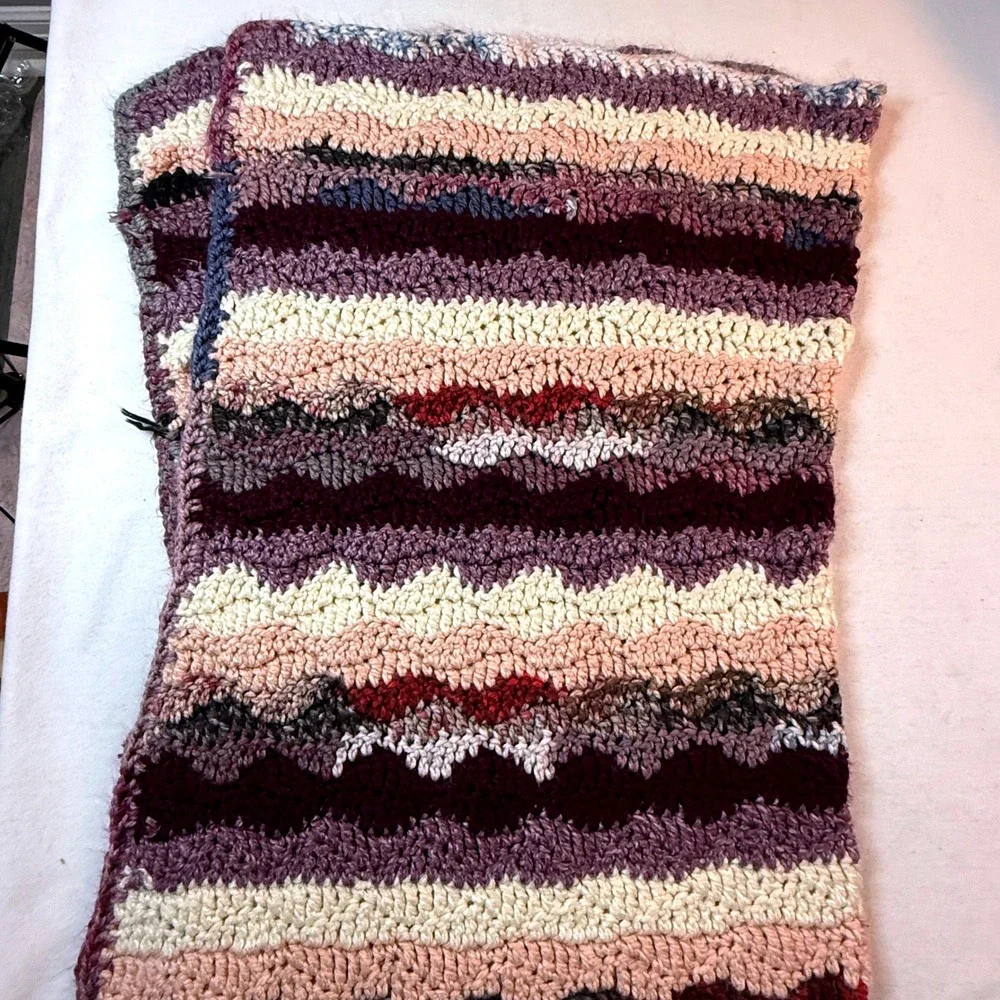 Handmade Crochet Throw Blanket Purple Cream Ripple‎ Wave Boho Cottagecore 35x24